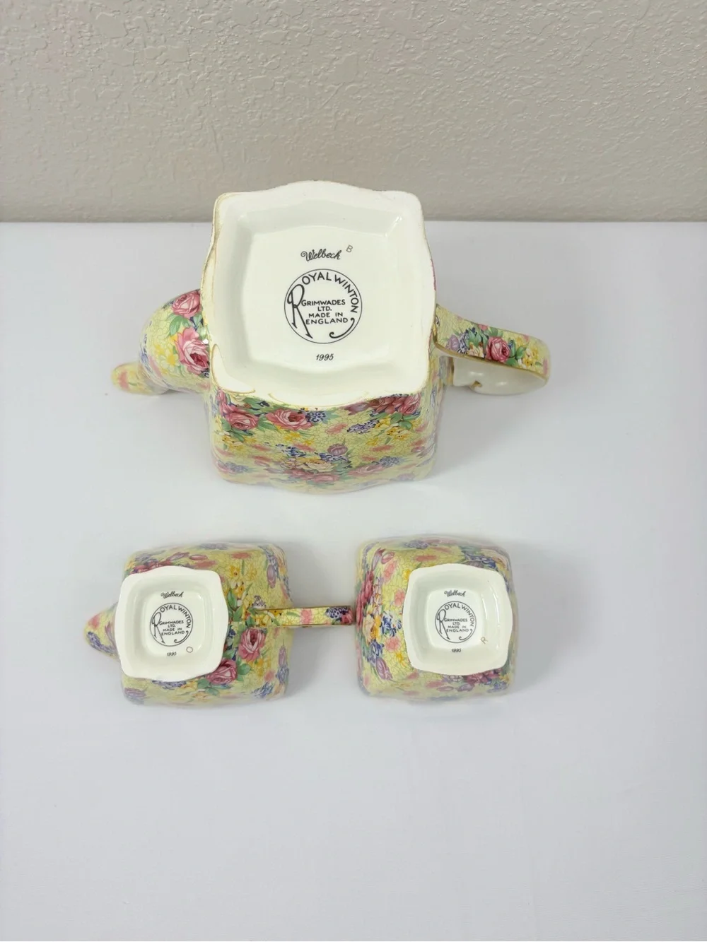 Royal Winton Wellbeck Chintz Tea Set with Pale Yellow Floral Pattern & Gold Trim